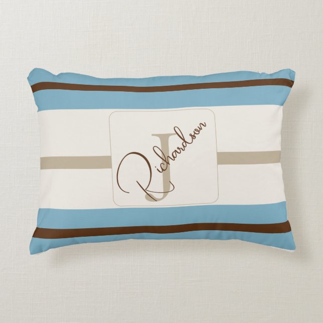 Almofada Decorativa Personalized Blue Brown Stripe Monogram Coastal  (Frente)