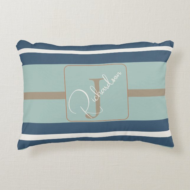 Almofada Decorativa Personalized Blue Mint Tan Stripe Monogram Coastal (Frente)
