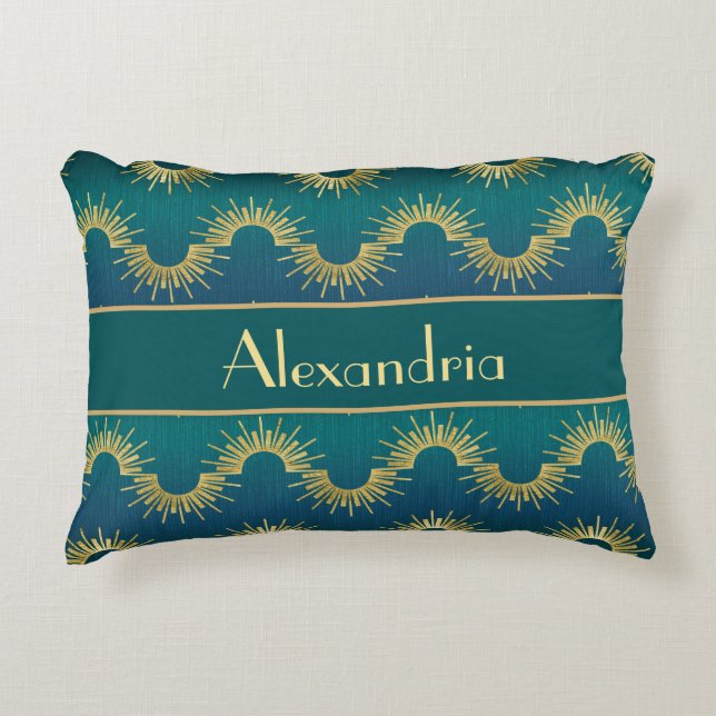 Almofada Decorativa Personalized Teal & Gold Art Deco Sunburst Name (Frente)