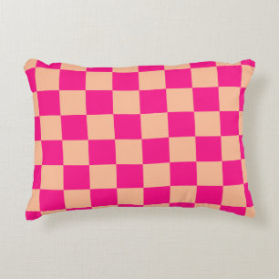 Almofada Decorativa Pêssego rosa-quente dos quadrados verificados retr