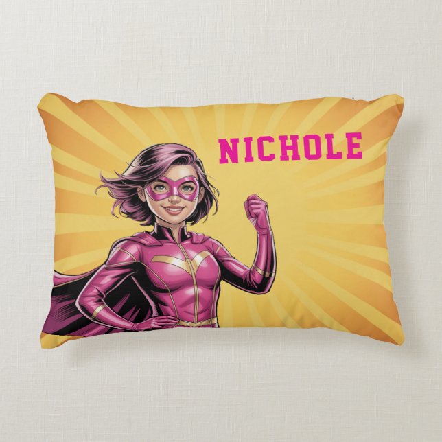 Almofada Decorativa Pink Girl Superhero Birthday Party  (Frente)
