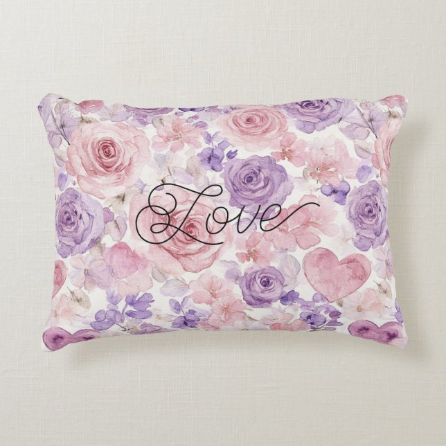 Almofada Decorativa Pink Purple Blush Flowers Hearts  (Frente)