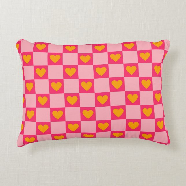 Almofada Decorativa Pink Red Yellow Heart Love Checkered Y2K Padrão (Frente)
