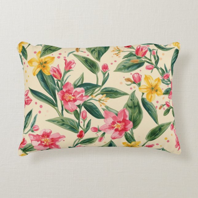 Almofada Decorativa Pink Yellow Flowers, Florals, Blue Stripes (Frente)