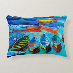 Almofada Decorativa pintura a óleo de barcos e mar na canvas. Sunset
