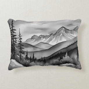 Almofada Decorativa Pintura da paisagem branca e preta de montanhas