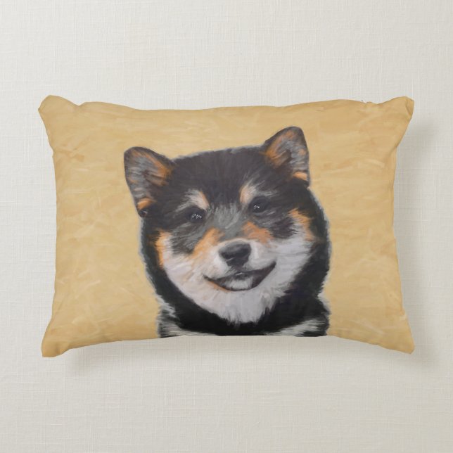 Almofada Decorativa Pintura de Shiba Inu (Preto e Latão) - Arte Canina (Frente)