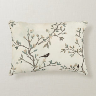Almofada Decorativa Pintura em Aquarela de Galho de Pássaro Bege Natur