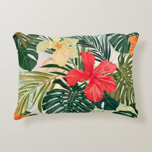 Almofada Decorativa Plantas tropicais havaianas, flores coloridas.
