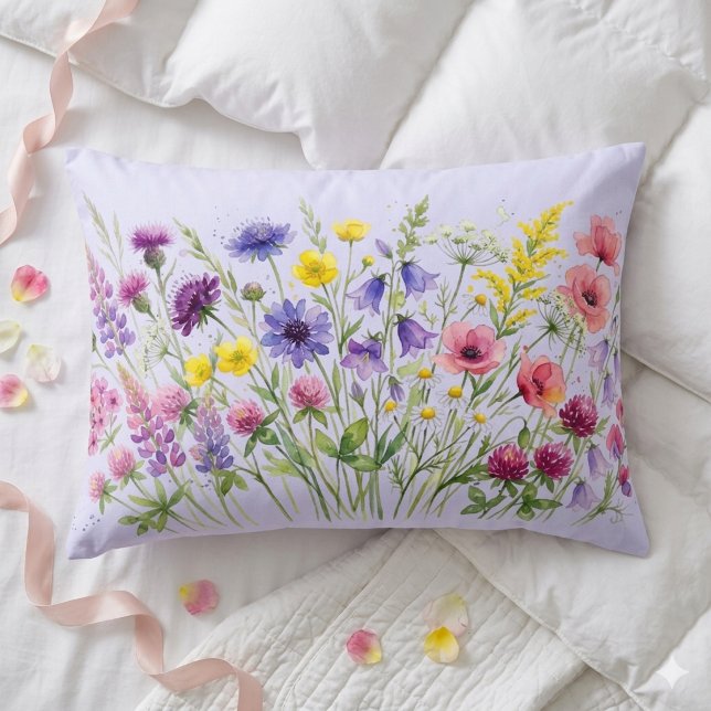 Almofada Decorativa Prado de flores silvestres aquarelas (Criador carregado)