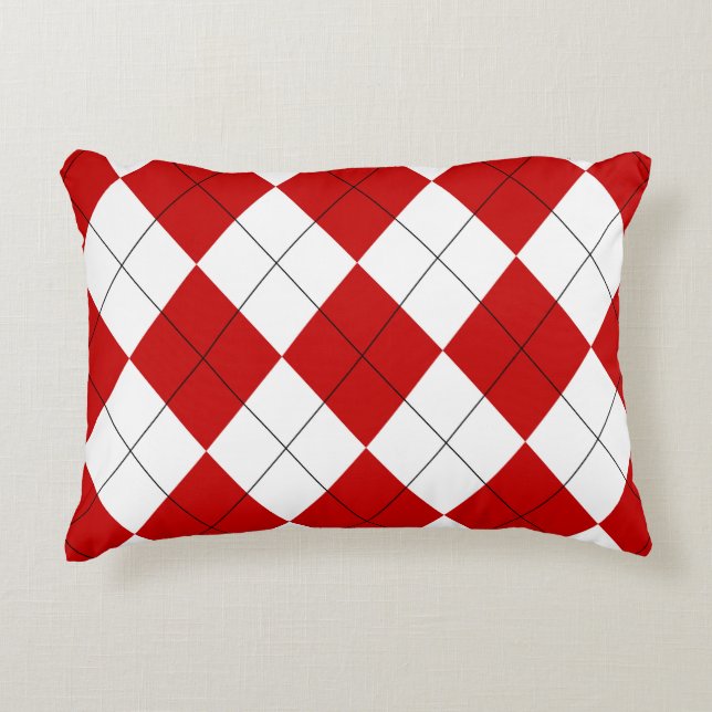 Almofada Decorativa Preppy Argyle Tartan Diamond Xadrez Vermelho Branc (Frente)