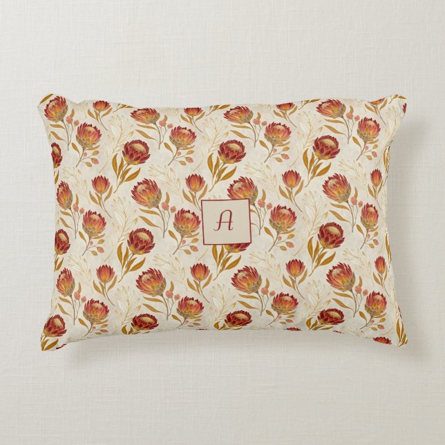 Almofada Decorativa Protea Flower Floral beige red Pattern monogram (Frente)