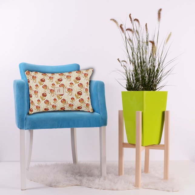 Almofada Decorativa Protea Flower Floral beige red Pattern monogram (Criador carregado)