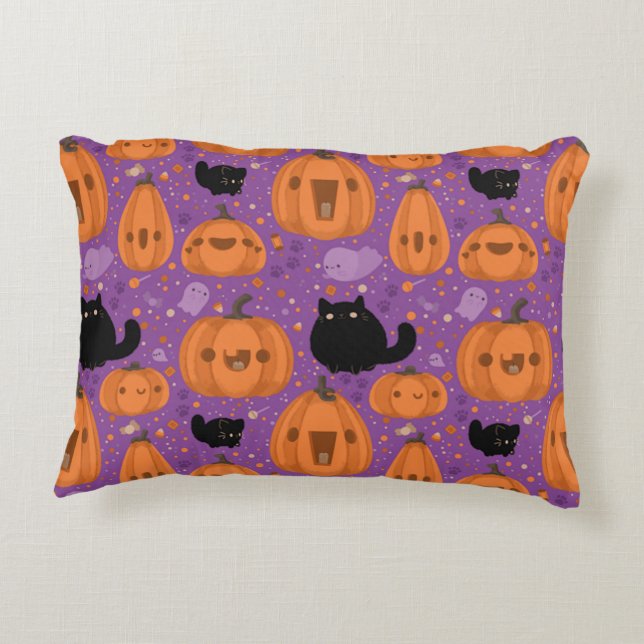 Almofada Decorativa Pumpkin de gato preto e padrão fantasma (Verso)