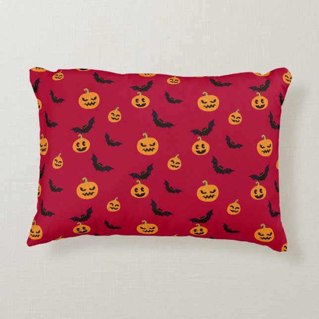 Almofada Decorativa Pumpkin Vermelho e Padrão de Morcego Halloween (Verso)