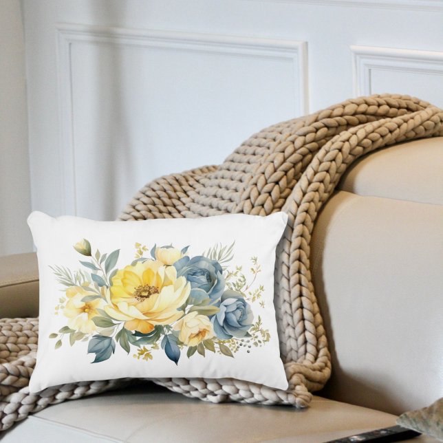 Almofada Decorativa Quarto Sala Floral Aquarela Azul Amarelo (Blue Yellow Floral Watercolor Lumbar accent pillow)