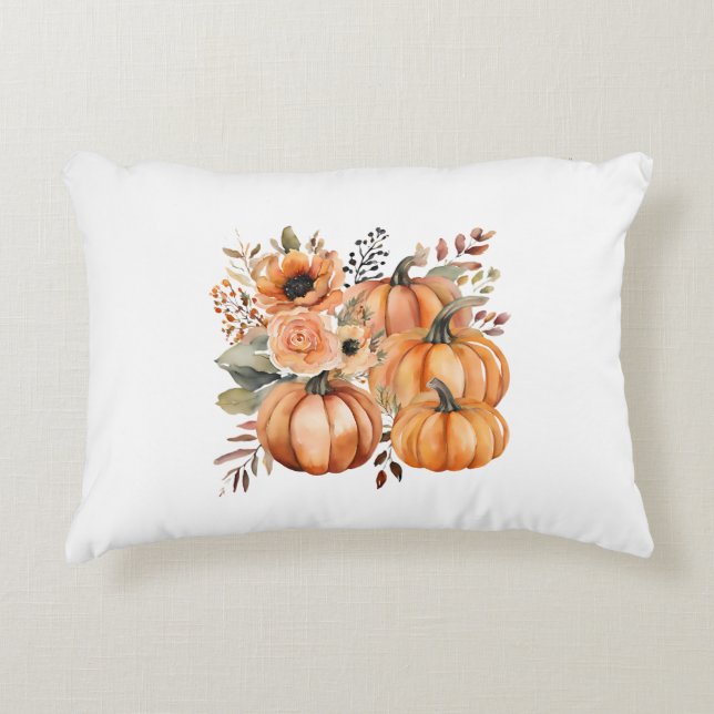 Almofada Decorativa Queda Ação de Graças Boho aquarela Pumpkin Florals (Frente)