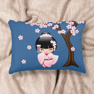 Almofada Decorativa Quimono Rosa Boneca Kawaii Kokeshi em Azul
