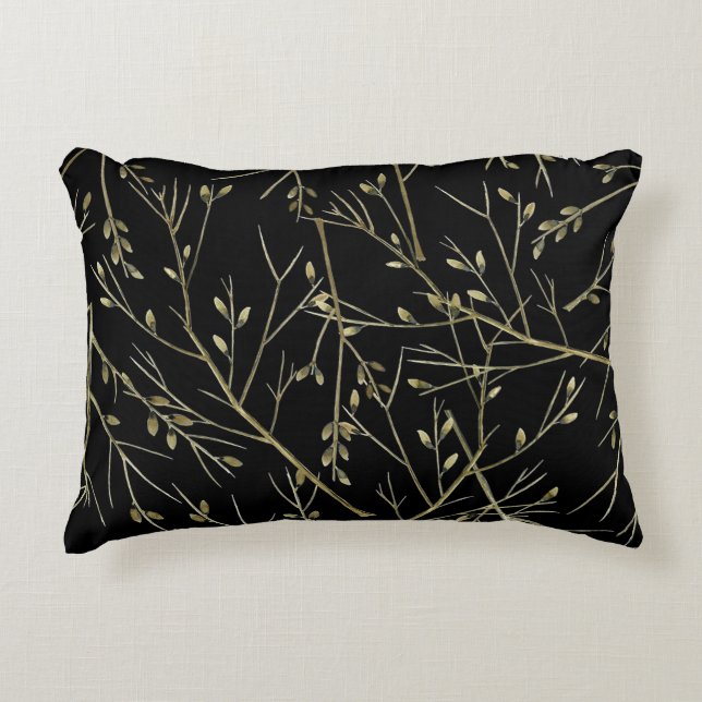 Almofada Decorativa Raminhos Dourados sobre Preto (Frente)