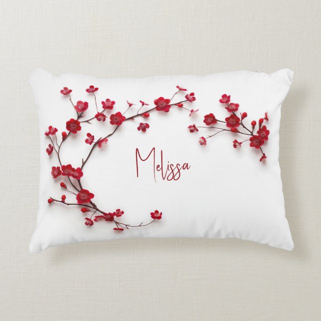 Almofada Decorativa Red Cherry Blossoms Add Name (Frente)