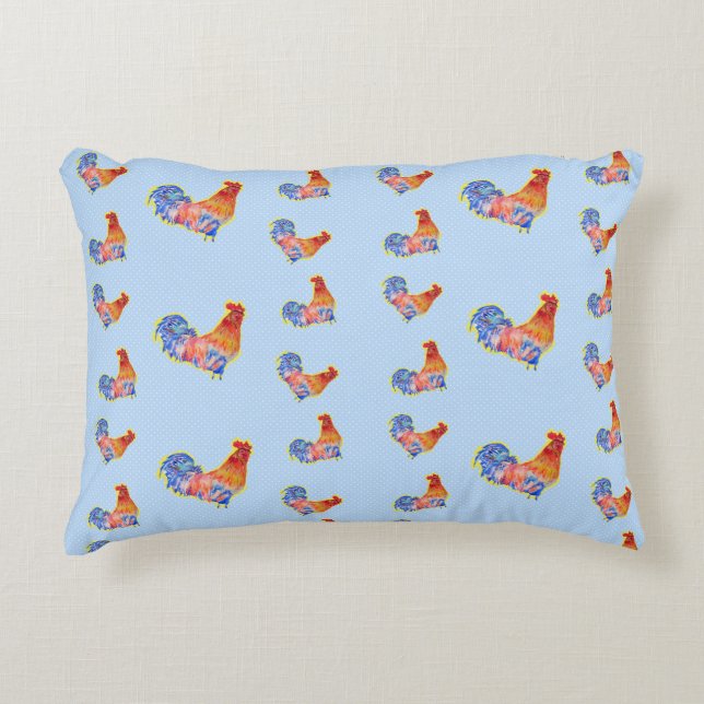 Almofada Decorativa Red Funny Rooster Cockerel Blue e White Spots Fl (Frente)