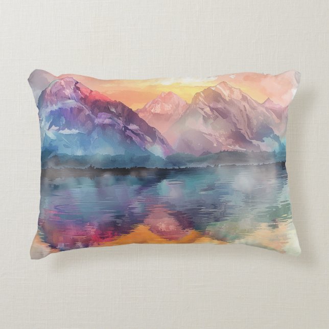 Almofada Decorativa Reflexão de Montanha em Aquarela - Travesseiro dec (Frente)