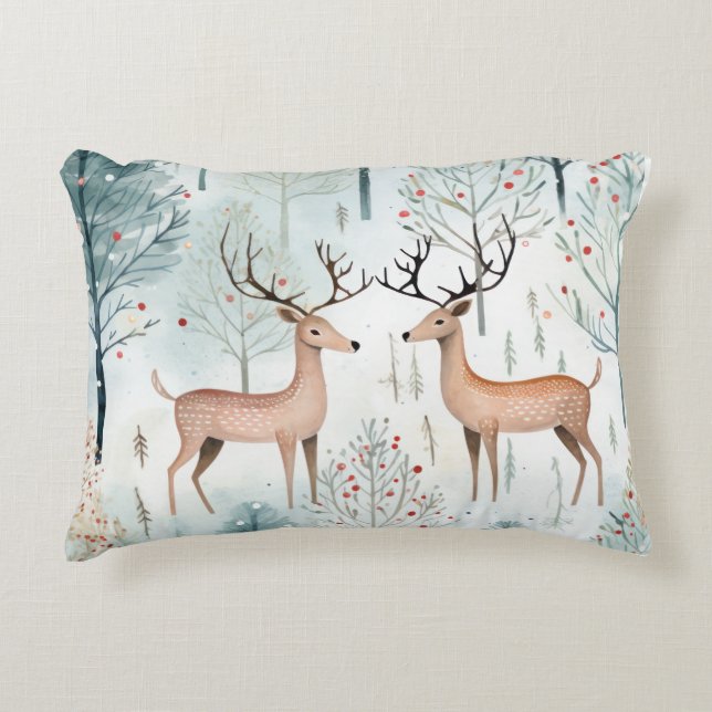 Almofada Decorativa Reindeer Whimsical na Ilustração Florestal (Frente)