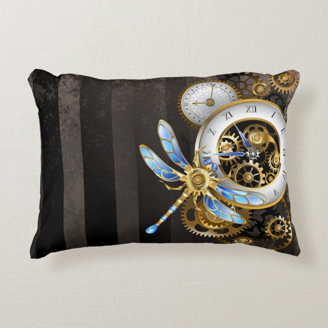 Almofada Decorativa Relógio Steampunk com Dragonfly Mecânica (Frente)