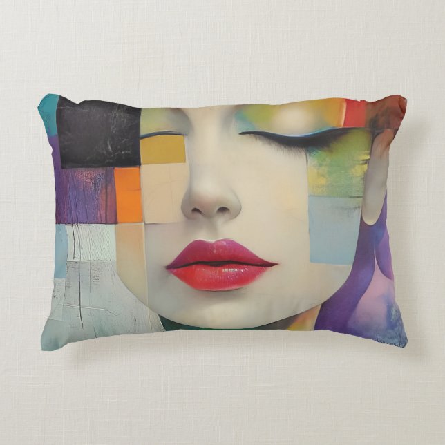 Almofada Decorativa Retrato no Surrealismo do Bloco de Cor (Frente)