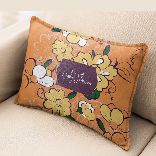Almofada Decorativa Retro Floral Daisy Orange Autumn Custom Name (Retro Floral Daisy Orange Autumn Custom Name Accent Pillow)
