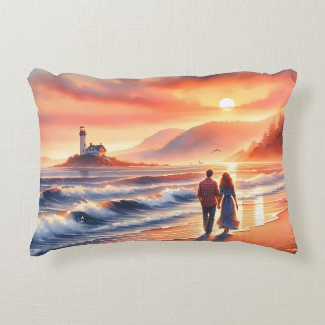 Almofada Decorativa Romantic Coastal Sunset Lighthouse Walk (Frente)