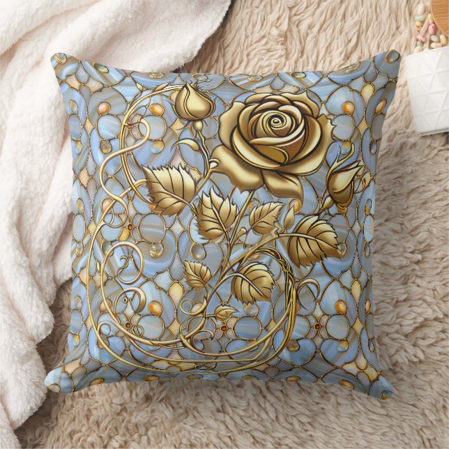 Almofada Decorativa Rosa Dourada em Vidro Azul (Cobertor)