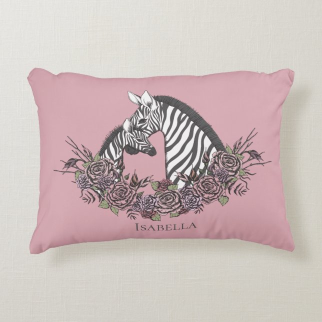 Almofada Decorativa Rosa Malva Zebra Desenho à Mão Acento (Frente)