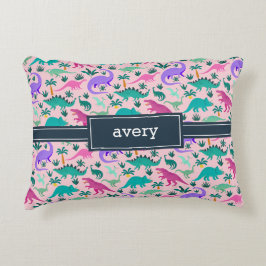 Almofada Decorativa Rosa | Nome das Crianças de Padrão de Dinossauro C