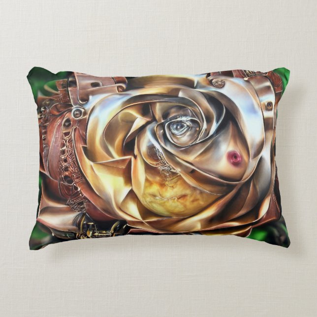 Almofada Decorativa Rosa Steampunk com Face Surreal - Flor Mecânico (Frente)