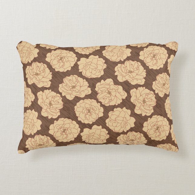 Almofada Decorativa Rosas barrocas em marrom-noz - padrão sem costura. (Frente)