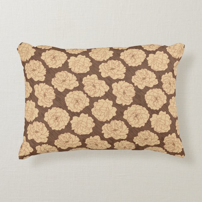 Almofada Decorativa Rosas barrocas em marrom-noz - padrão sem costura. (Frente)