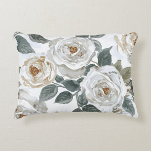 Almofada Decorativa Rosas de Jardim Floral Vintage em Aquarela Branc