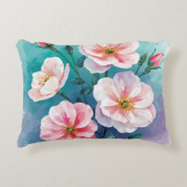 Almofada Decorativa Rosas Selvagens Rosa Azul Turquesa Em Aquarela