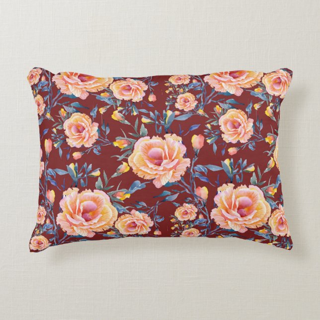 Almofada Decorativa Rosas, sem costura, padrão de fundo vermelho (Frente)