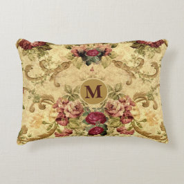 Almofada Decorativa Rosas Vitorianas Antigas Bege com Monograma Dourad