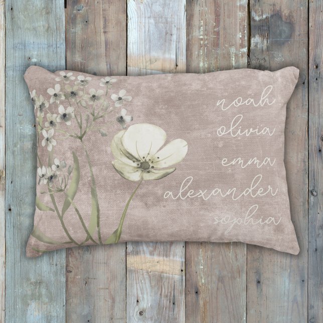 Almofada Decorativa Script Floral Russo de Nomes de Netos Personalizad (Criador carregado)