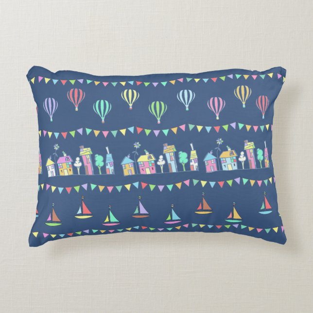 Almofada Decorativa Seaside Town Sail Boats and Bunting Pattern Blue (Frente)