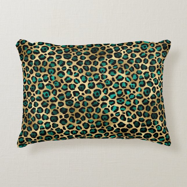 Almofada Decorativa Série Leopardo-Teal e Dourada Design 14 (Frente)