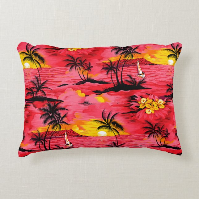 Almofada Decorativa Silhueta de palmeira aquática e padrão de praia (Frente)