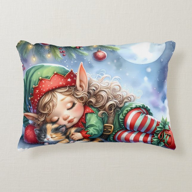 Almofada Decorativa Sleeping Christmas Elf with Calico Kitten (Frente)