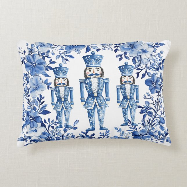 Almofada Decorativa Soldados Florais Brancos Chinoiserie Azul (Frente)