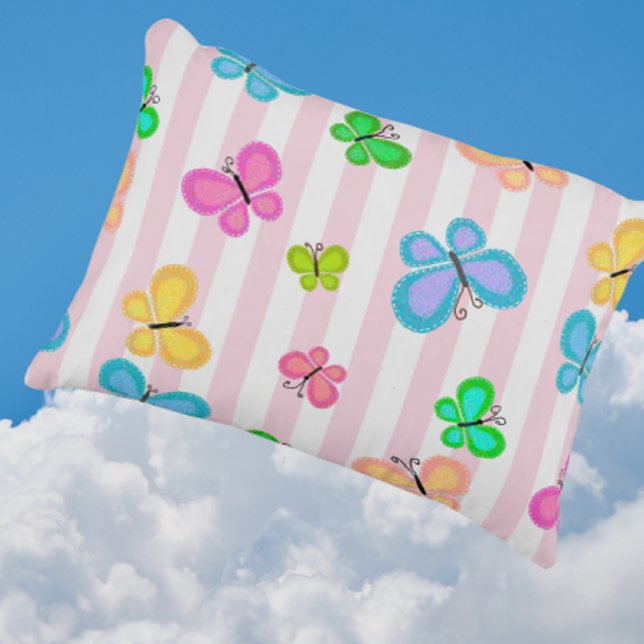 Almofada Decorativa Sonhos de Borboleta Faixa Rosa (Sweet candy pink stripes with colorful butterflies)