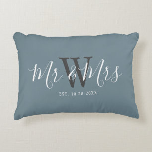 Almofada Decorativa Sr Sra Recém-Casados Monograma Rascunho Azul Empoe
