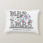 Almofada Decorativa Sra. e Sra. Personalizada Gift de Casamento Lésbic<br><div class="desc">Um presente especial de casamento em um dia especial para o feliz casal lésbico; este travesseiros de arte de palavras bonitinho, "MRS. e MRS." com um belo par de pássaros amorosos e uma casa de pássaros em rosa e azul. Não se esqueça de personalizá-lo com a data do casamento e...</div>